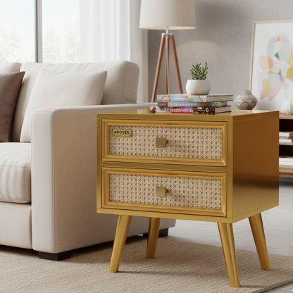 Adouer Wood "Ratan Cane" Solid Wood Bedside Table, Hand-Woven Rattan With 2 Drawers Elegant & Descriptive