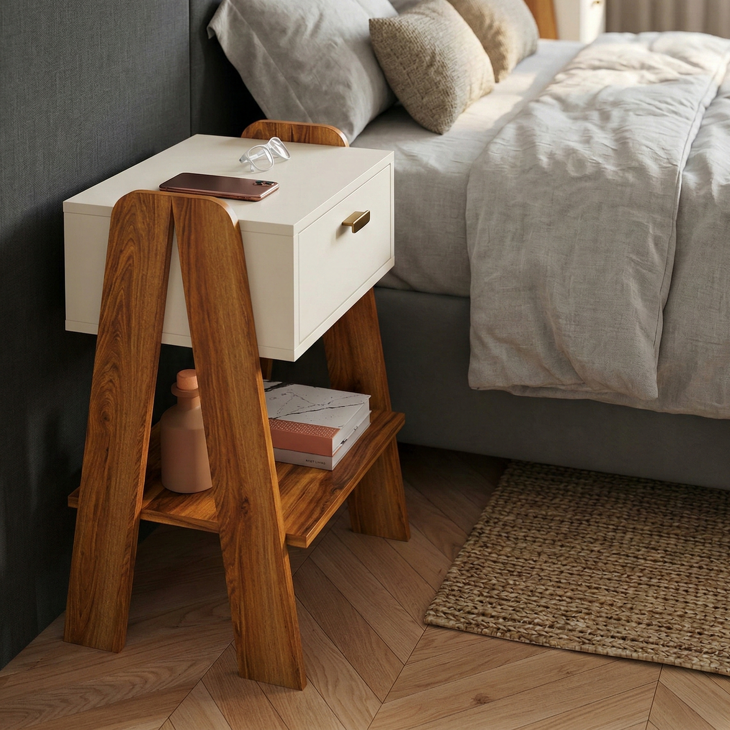 Mid-Century Modern A-Frame Nightstand  End Table with Storage Drawer and Display Shelf
