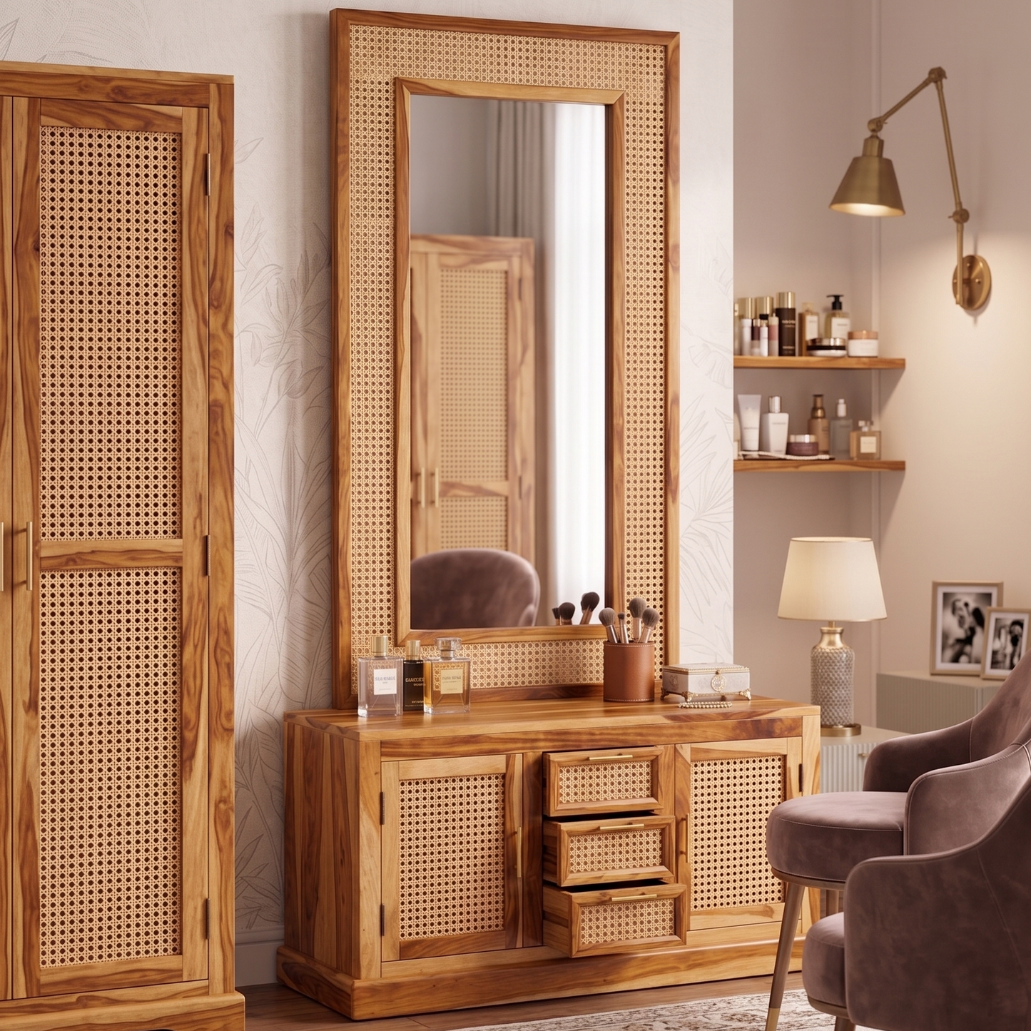 ADOUER WOOD Premium Sheesham Wood Dressing Table with Natural Cane Weaving