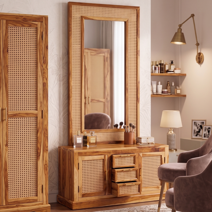 ADOUER WOOD Premium Sheesham Wood Dressing Table with Natural Cane Weaving