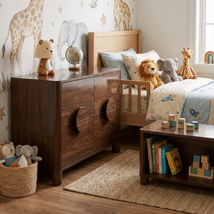 Adouer Wood Handcrafted Acacia Wood Bedside Table with Circular Integrated Pulls