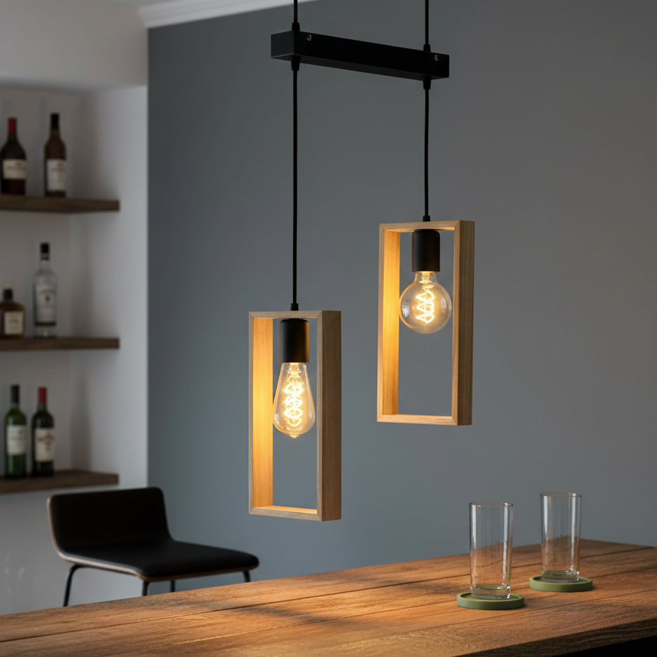 ADOUER WOOD Nordic Style Double Pendant Light Solid Wood Rectangular Frames ( SET OF 2 PCS.)