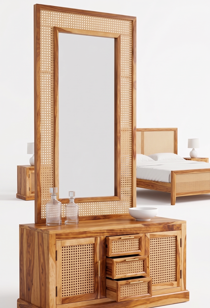 ADOUER WOOD Premium Sheesham Wood Dressing Table with Natural Cane Weaving