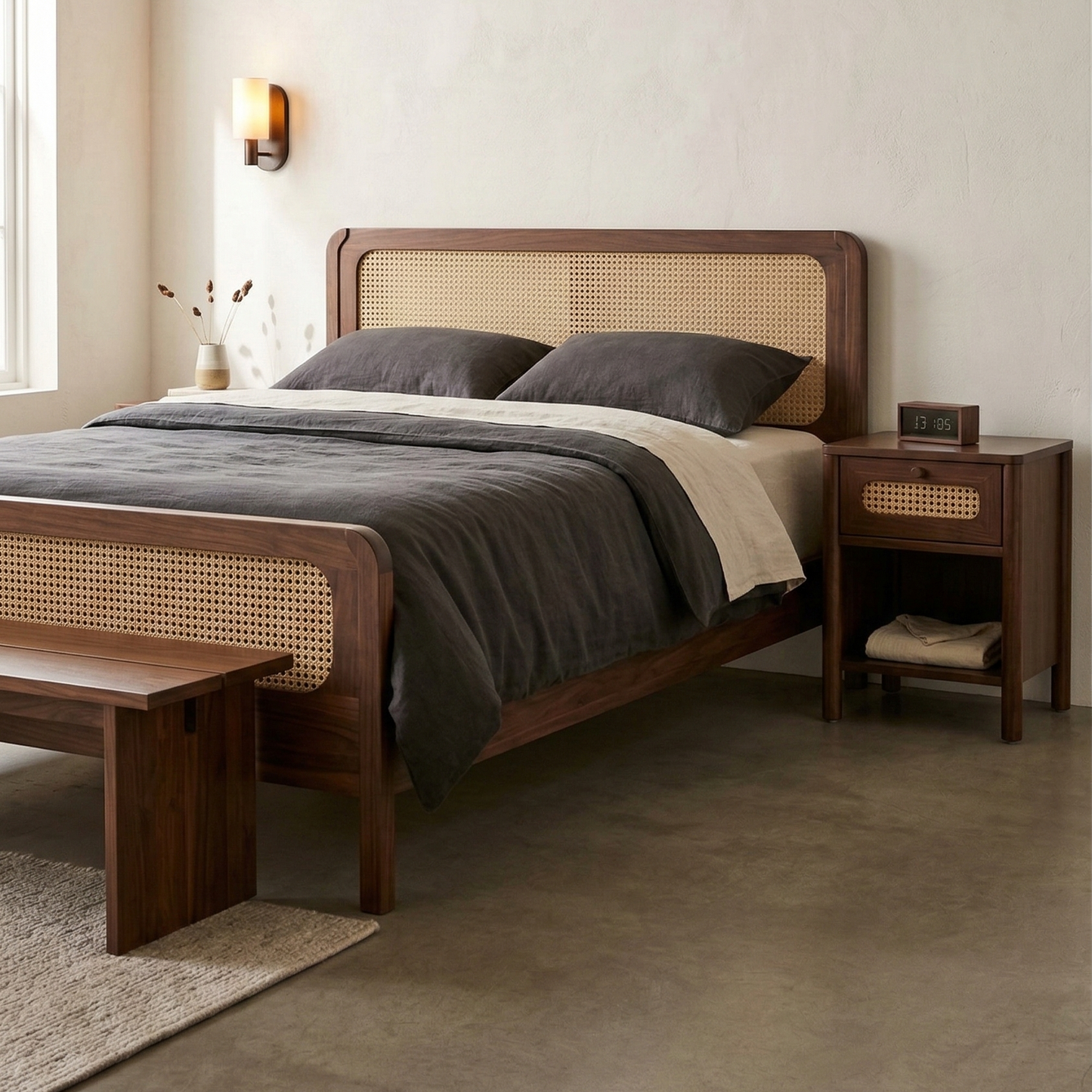 ADOUER WOOD The Elora Bedside Table: Minimalist Nightstand with Woven Cane Accents