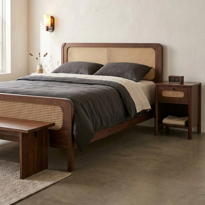 ADOUER WOOD The Elora Bedside Table: Minimalist Nightstand with Woven Cane Accents