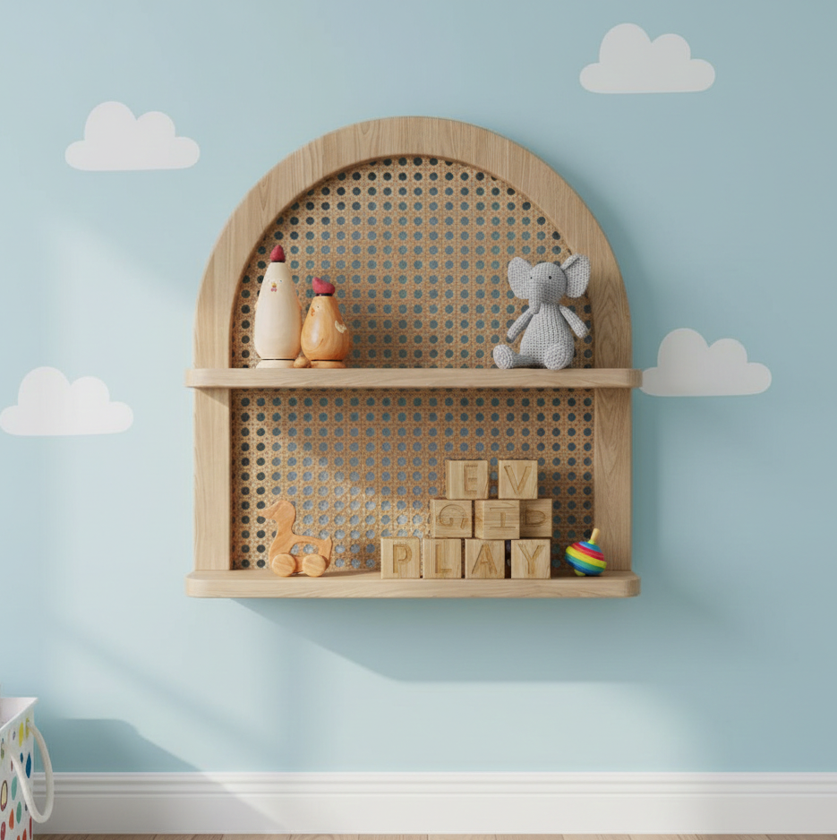 ADOUER WOOD Solid Wood The Arched Rattan Floating Display Shelf