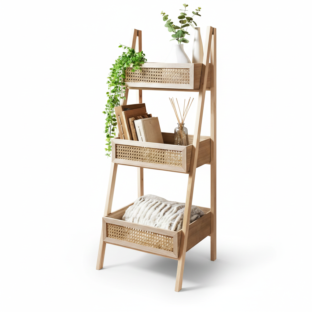 ADOUER WOOD 3-Tier A-Frame Wooden Ladder Shelf with Rattan Weave Baskets