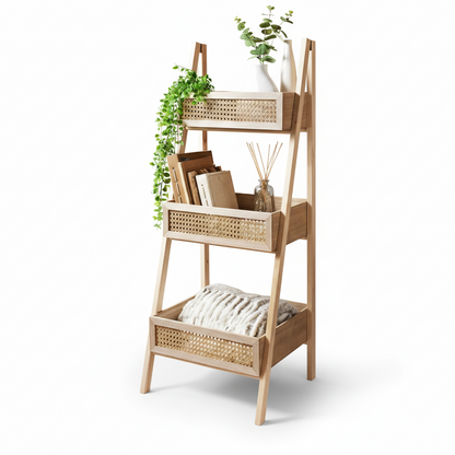 ADOUER WOOD 3-Tier A-Frame Wooden Ladder Shelf with Rattan Weave Baskets