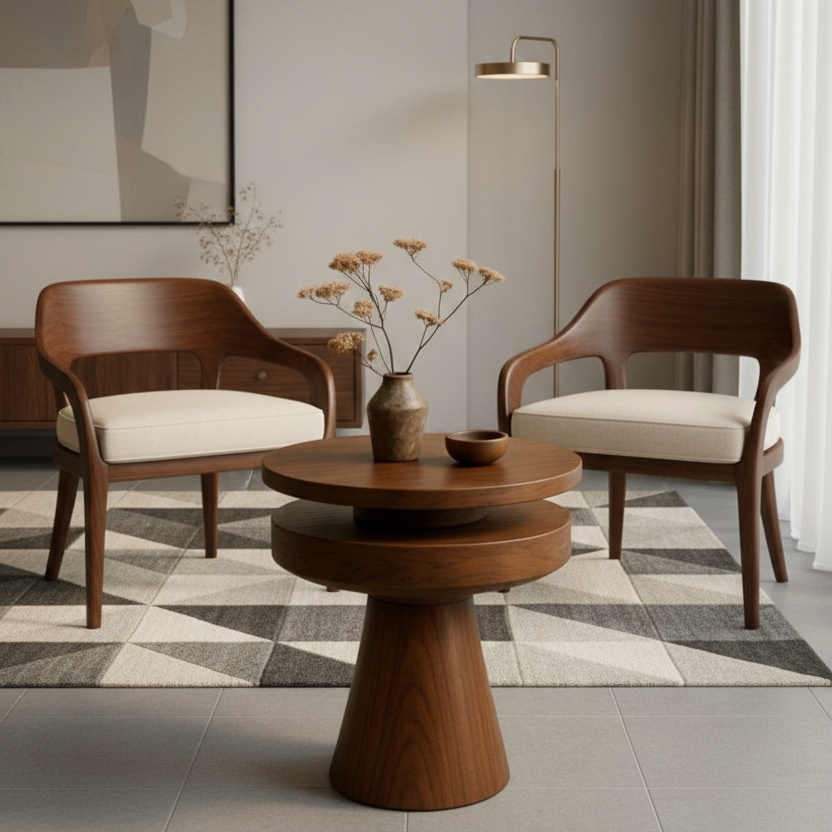 ADOUER WOOD Handcrafted Two-Tier Pedestal Side Table