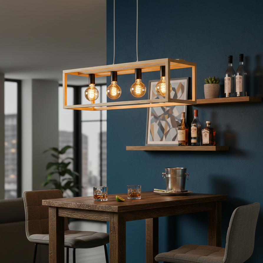 ADOUER WOOD Solid Wood Rectangular Pendant Light with 4 Edison Bulbs