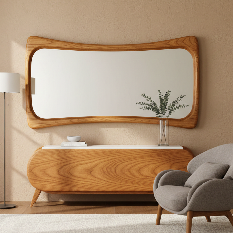 Acacia Wood Mid-Century Modern Organic Wood Wall Mirror