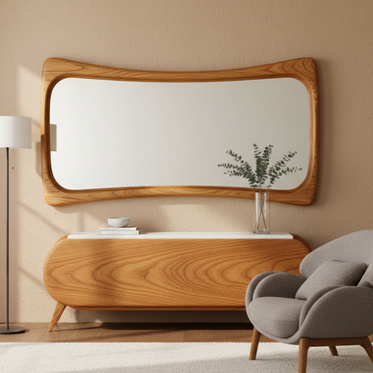 Acacia Wood Mid-Century Modern Organic Wood Wall Mirror