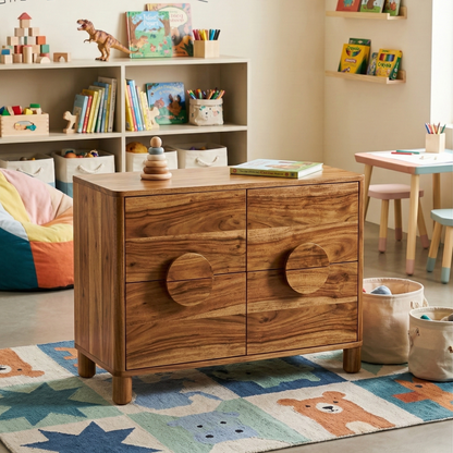 Adouer Wood Handcrafted Acacia Wood Bedside Table with Circular Integrated Pulls