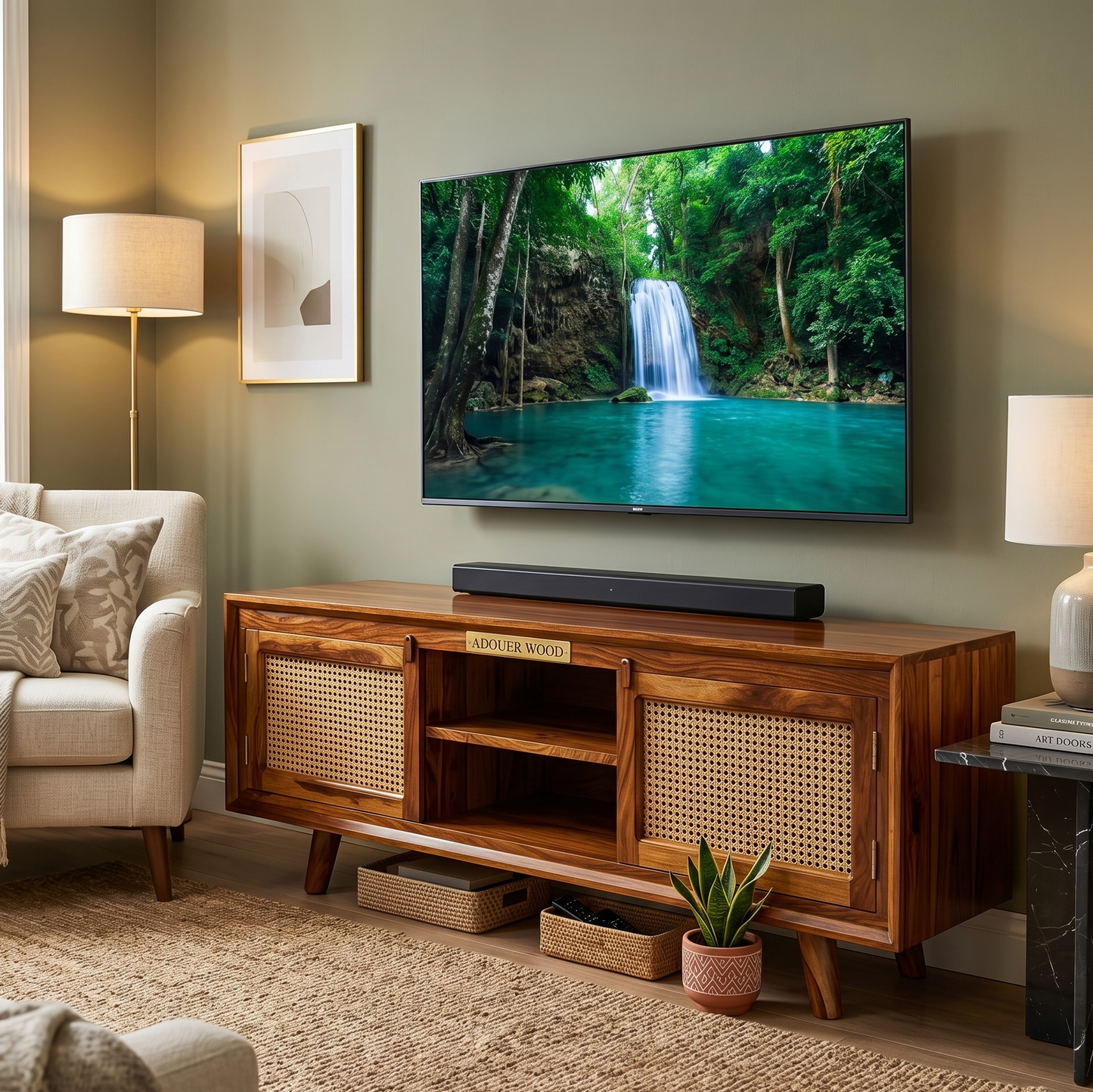 ADOUER WOOD Handcrafted Solid Wood TV Unit with Natural Rattan Cane Doors