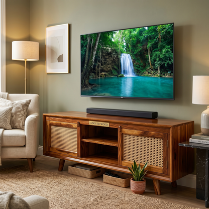 ADOUER WOOD Handcrafted Solid Wood TV Unit with Natural Rattan Cane Doors