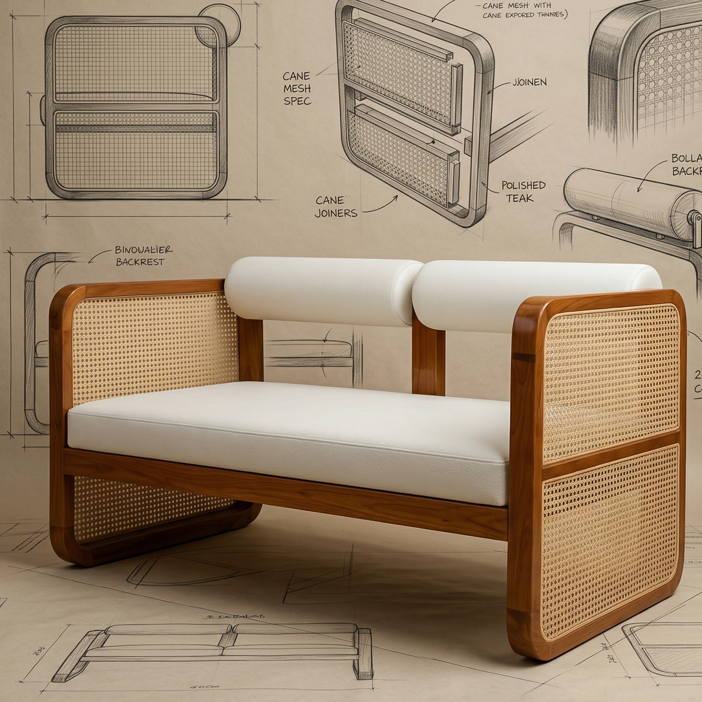 ADOUER WOOD Mid-Century Modern Cane Armchair Cum Sofa  – Solid Wood Frame with White Bolster Back Accent