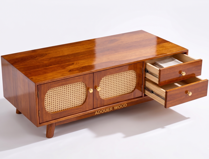 Adouer Wood Solid Sheesham Coffee Table with Cane Storage & Drawers