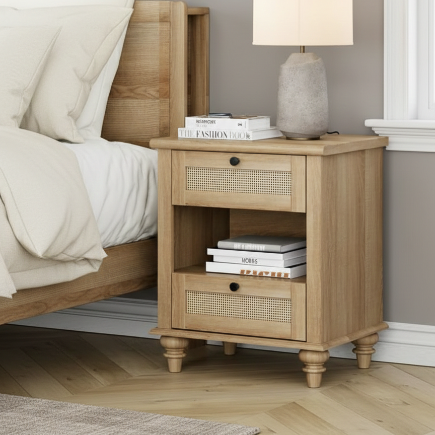 ADOUER WOOD 2-Drawers Nightstand with Rattan Inlay – Mid-Century Modern Bedside Table