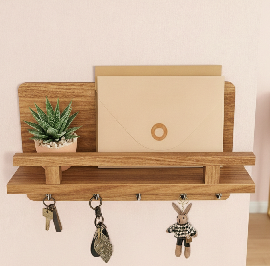 Acacia Wood Floating Shelf & Key Holder for Home Office and Hallway