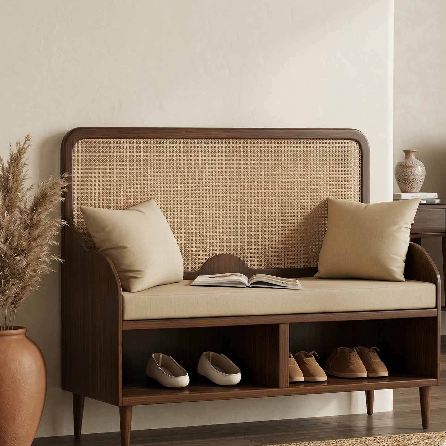 ADOUER WOOD Mid-Century Modern Rattan Entryway Bench with Integrated Shoe Storage