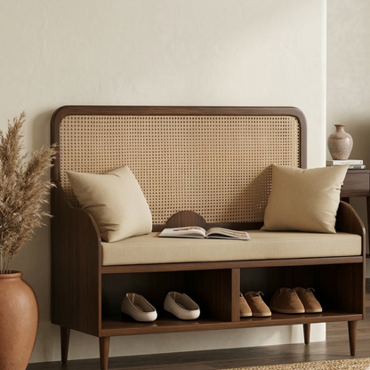 ADOUER WOOD Mid-Century Modern Rattan Entryway Bench with Integrated Shoe Storage