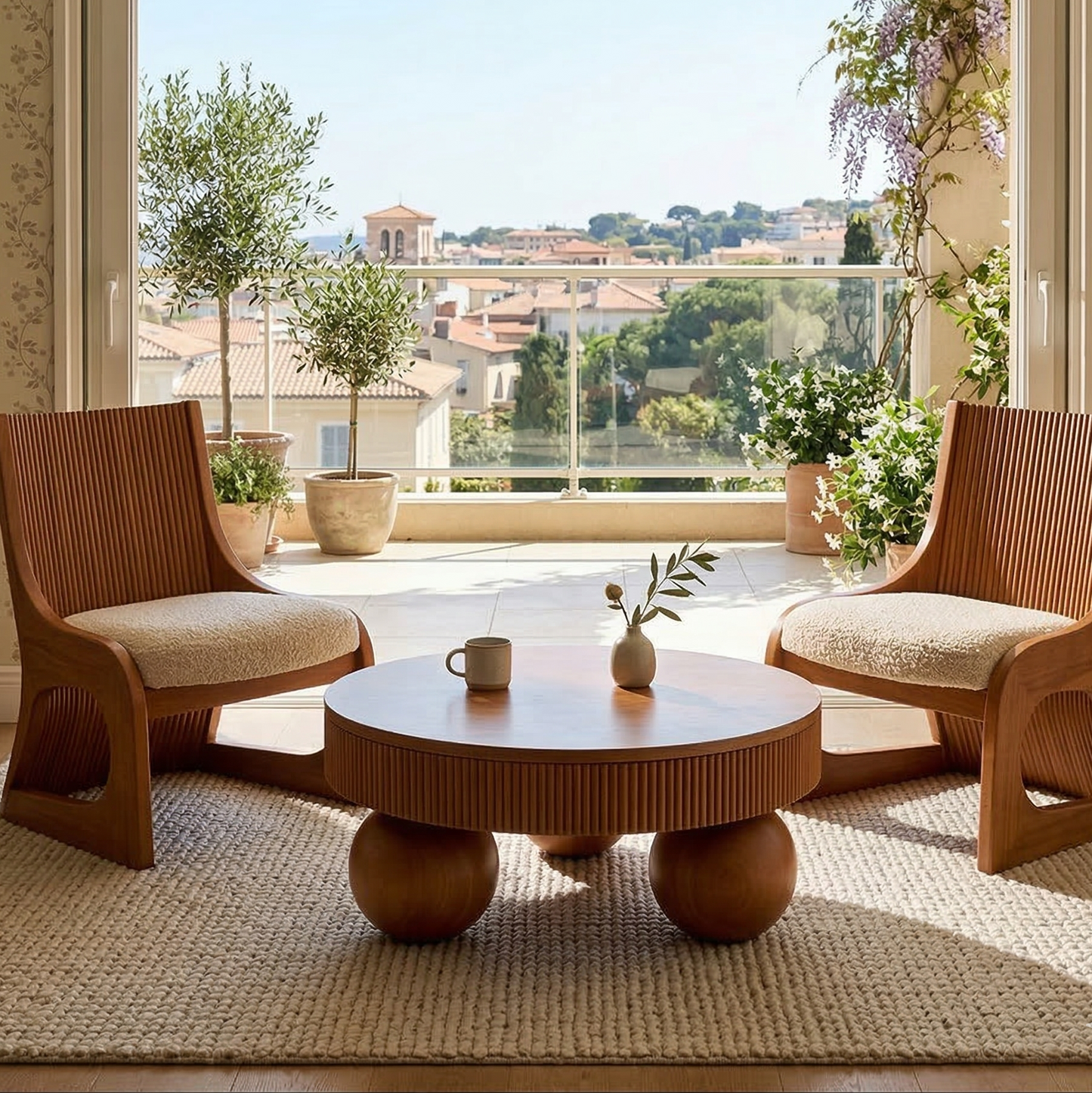 ADOUER WOOD Round Solid Wood Coffee Table with Fluted Detailing and Sphere Ball Legs