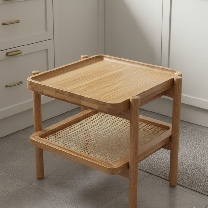 ADOUER WOOD Japandi Solid Wood Side Table with Natural Rattan Shelf