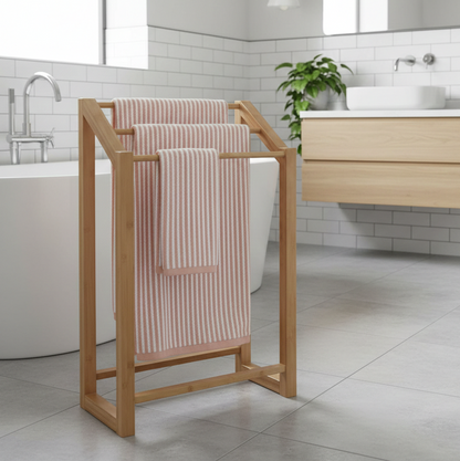 ADOUER WOOD 3-Tier Freestanding Towel Rack - Modern Wood Bathroom Floor Stand with Drying Rails for Bath Towels, Hand Towels & Washcloths