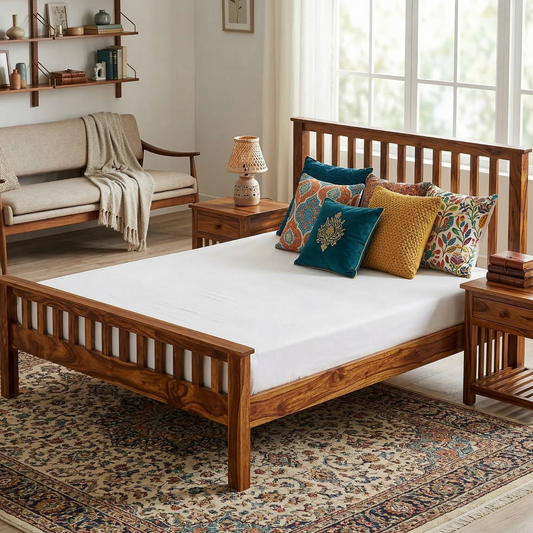 ADOUER WOOD Solid Wood Platform Bed with a slatted headboard and footboard