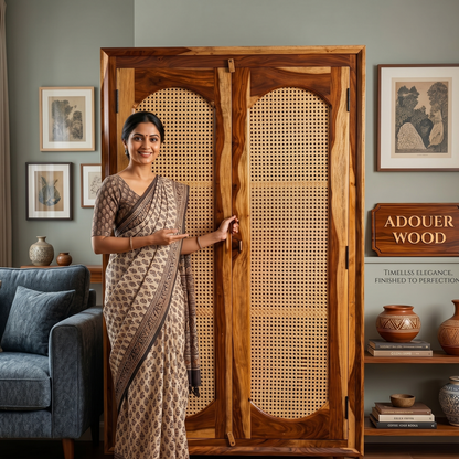 ADOUER WOOD Solid Sheesham Wood 2 Door Wardrobe with Natural Cane Webbing