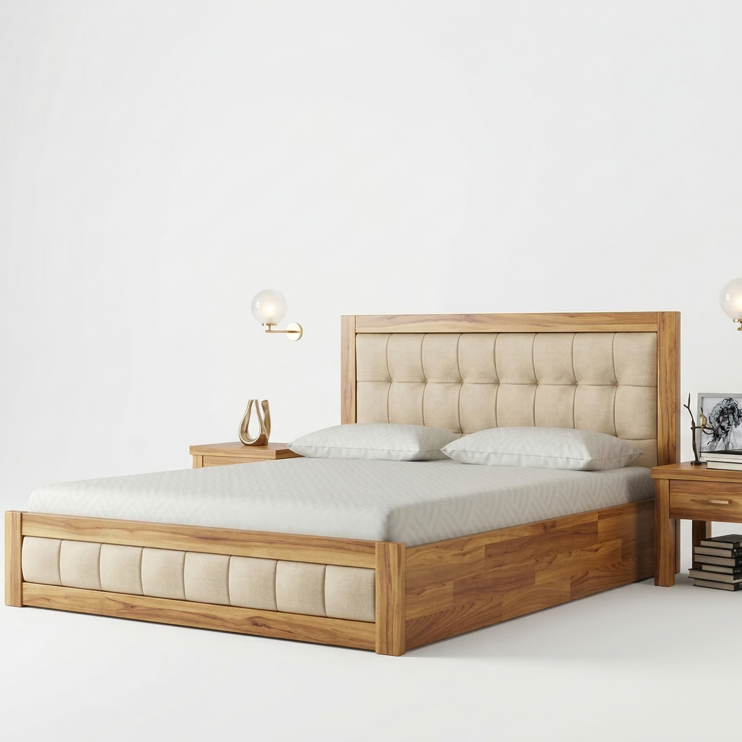 ADOUER WOOD Modern Solid Wood Bed Frame with Cream Upholstered Headboard & Footboard