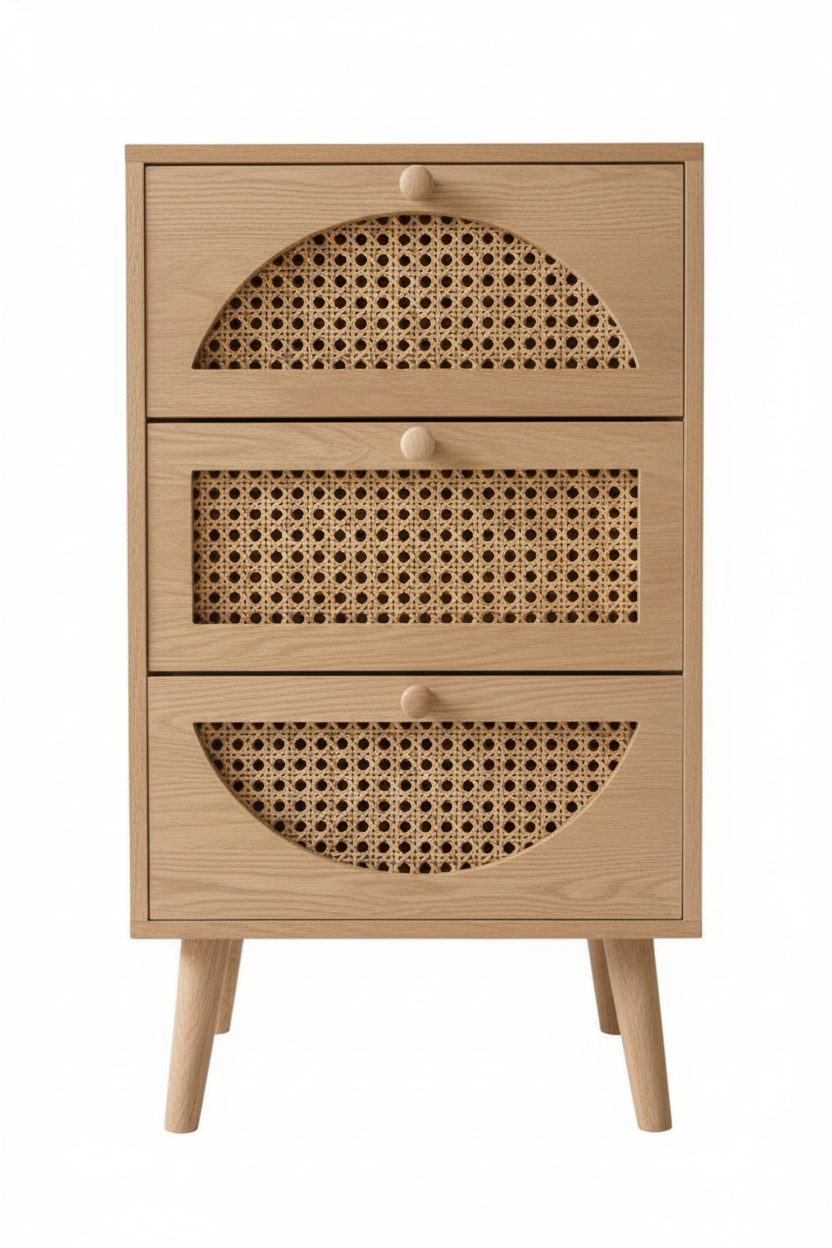 ADOUER WOOD The "Arc & Loom" 3-Drawer Nightstand Solid Wood with Natural Cane Inlay