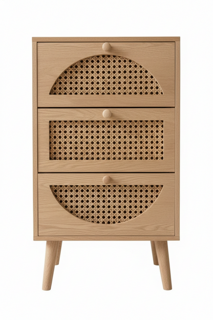 ADOUER WOOD The "Arc & Loom" 3-Drawer Nightstand Solid Wood with Natural Cane Inlay