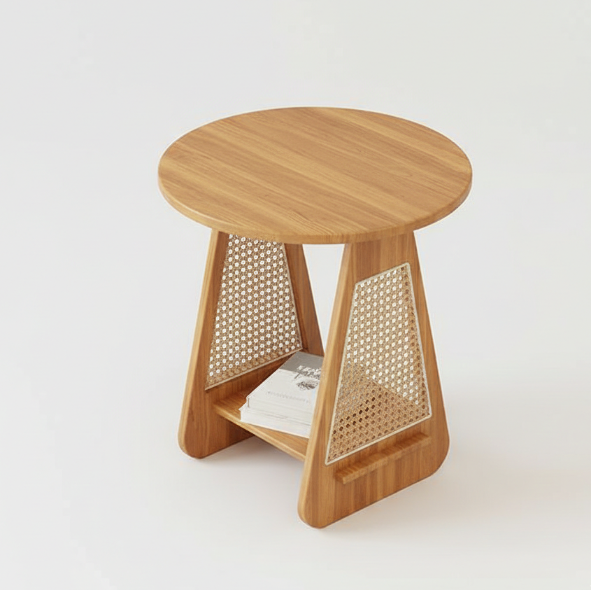 ADOUER WOOD Modern Round Wood Side Table with Rattan Inlay