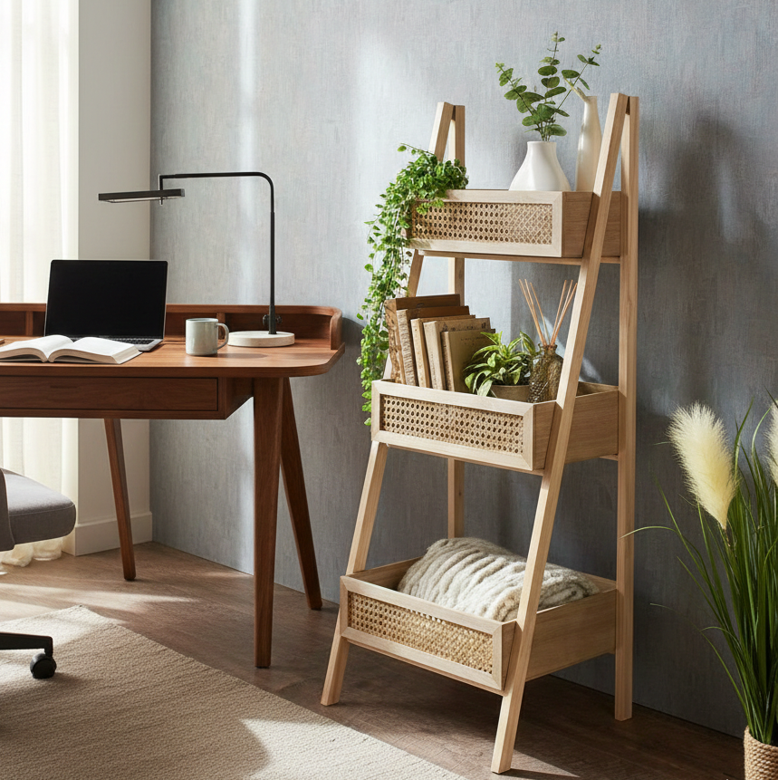 ADOUER WOOD 3-Tier A-Frame Wooden Ladder Shelf with Rattan Weave Baskets
