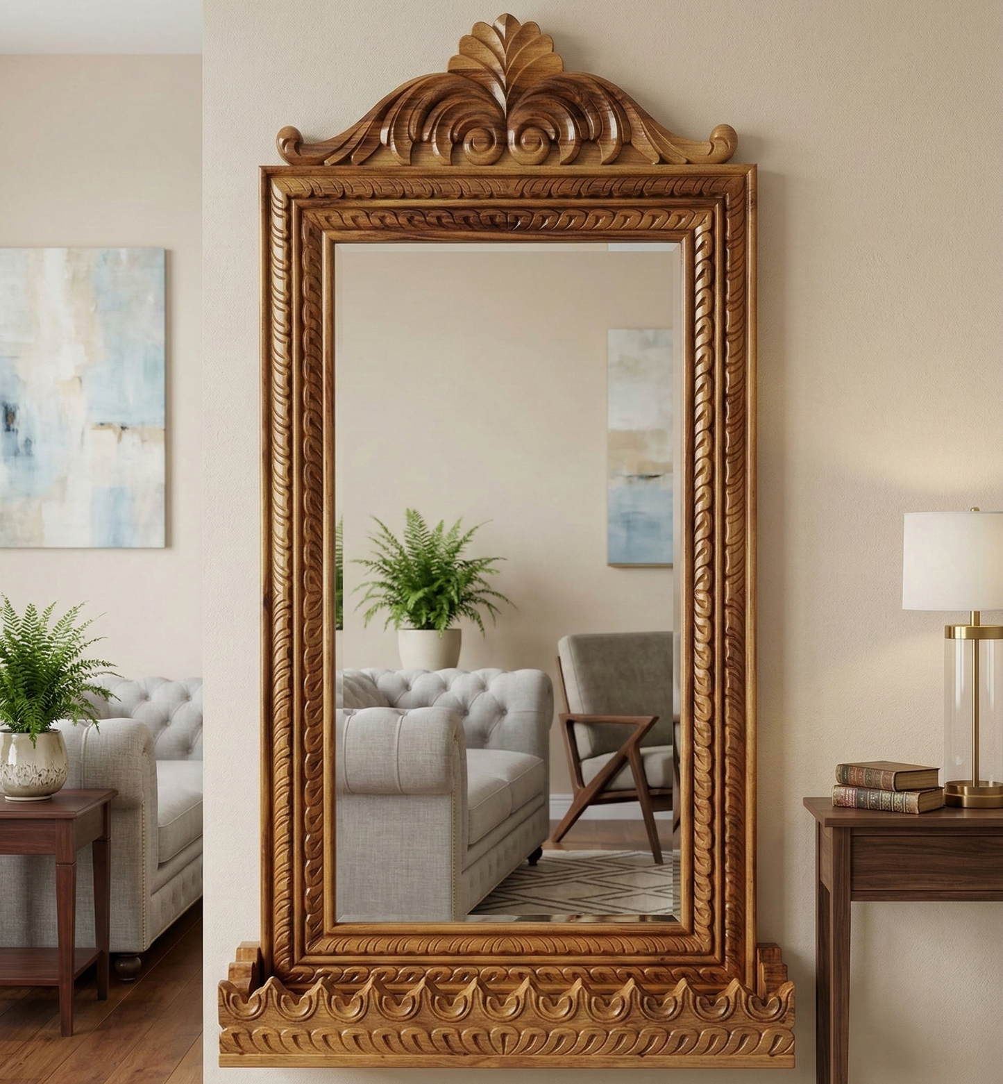 ADOUER WOOD Hand-Carved Solid Wood Full-Length Mirror with Built-in Display Shelf