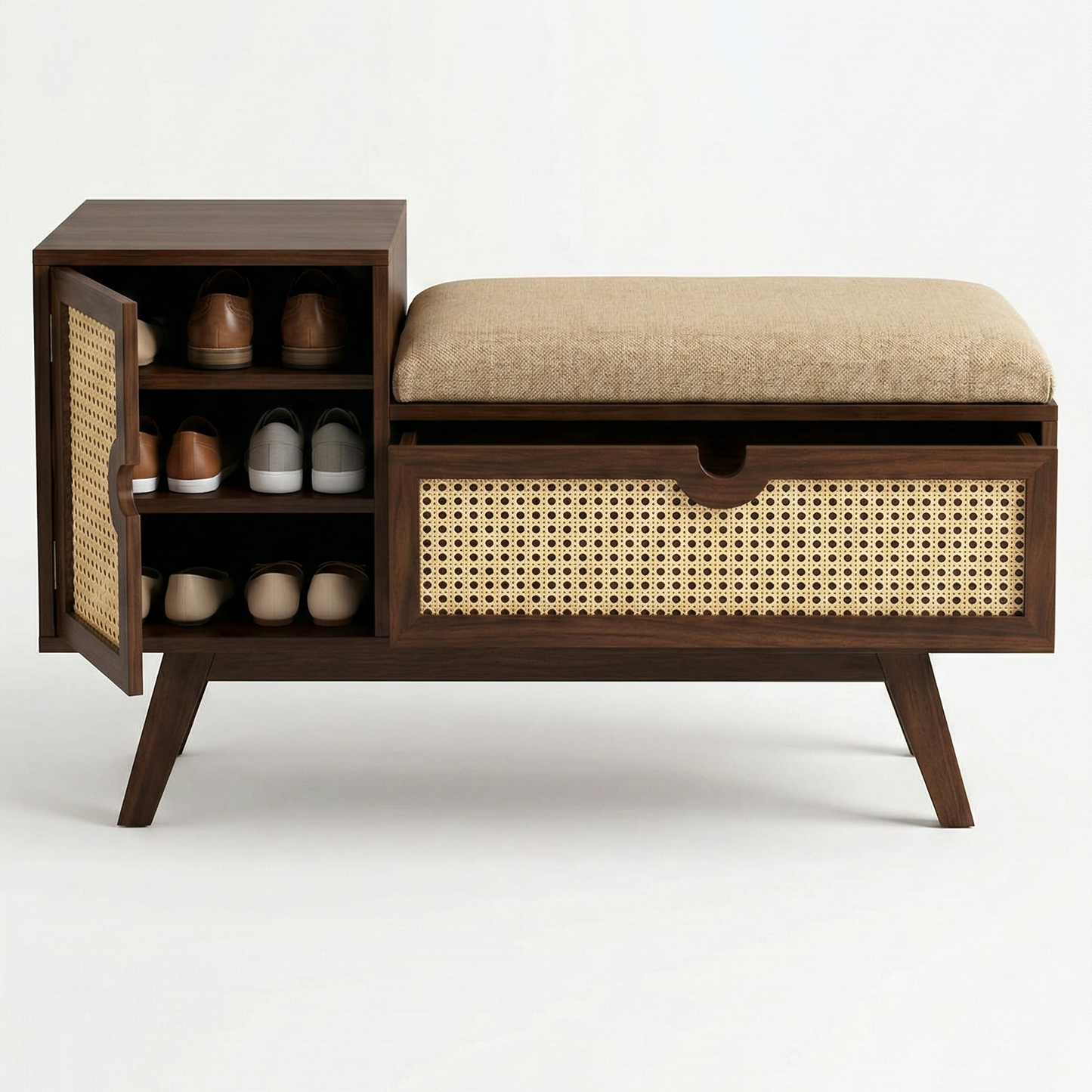 ADOUER WOOD Mid-Century Modern Entryway Bench with Storage – Natural Rattan Shoe Bench with Padded Seat Cushion