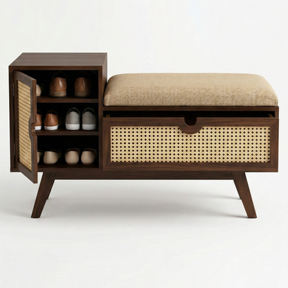 ADOUER WOOD Mid-Century Modern Entryway Bench with Storage – Natural Rattan Shoe Bench with Padded Seat Cushion