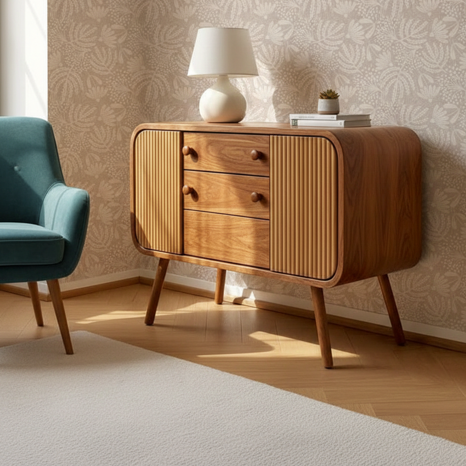 ADOUER WOOD Mid-Century Modern Sideboard – Curved Fluted Buffet Cabinet with 3 Drawers