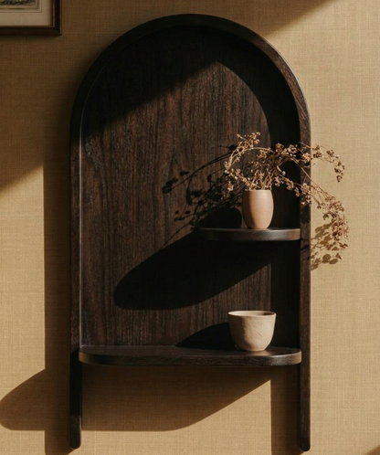 ADOUER WOOD Handcrafted Solid Wood Arched Wall Shelf – Minimalist Floating Niche Display with Tiered Shelving