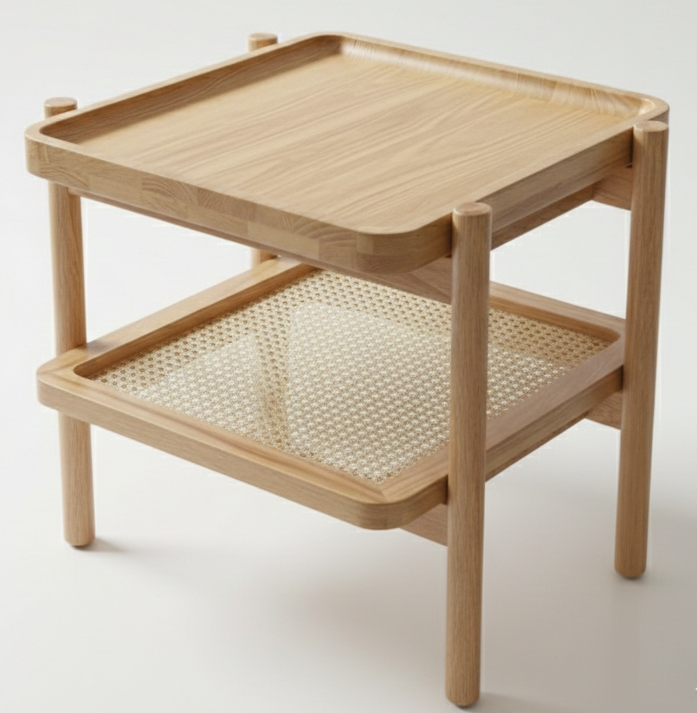 ADOUER WOOD Japandi Solid Wood Side Table with Natural Rattan Shelf