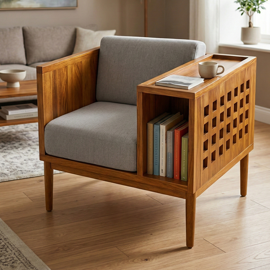 Acacia Wood Mid-Century Modern Teak Accent Chair with Built-in Bookshelf & Side Table