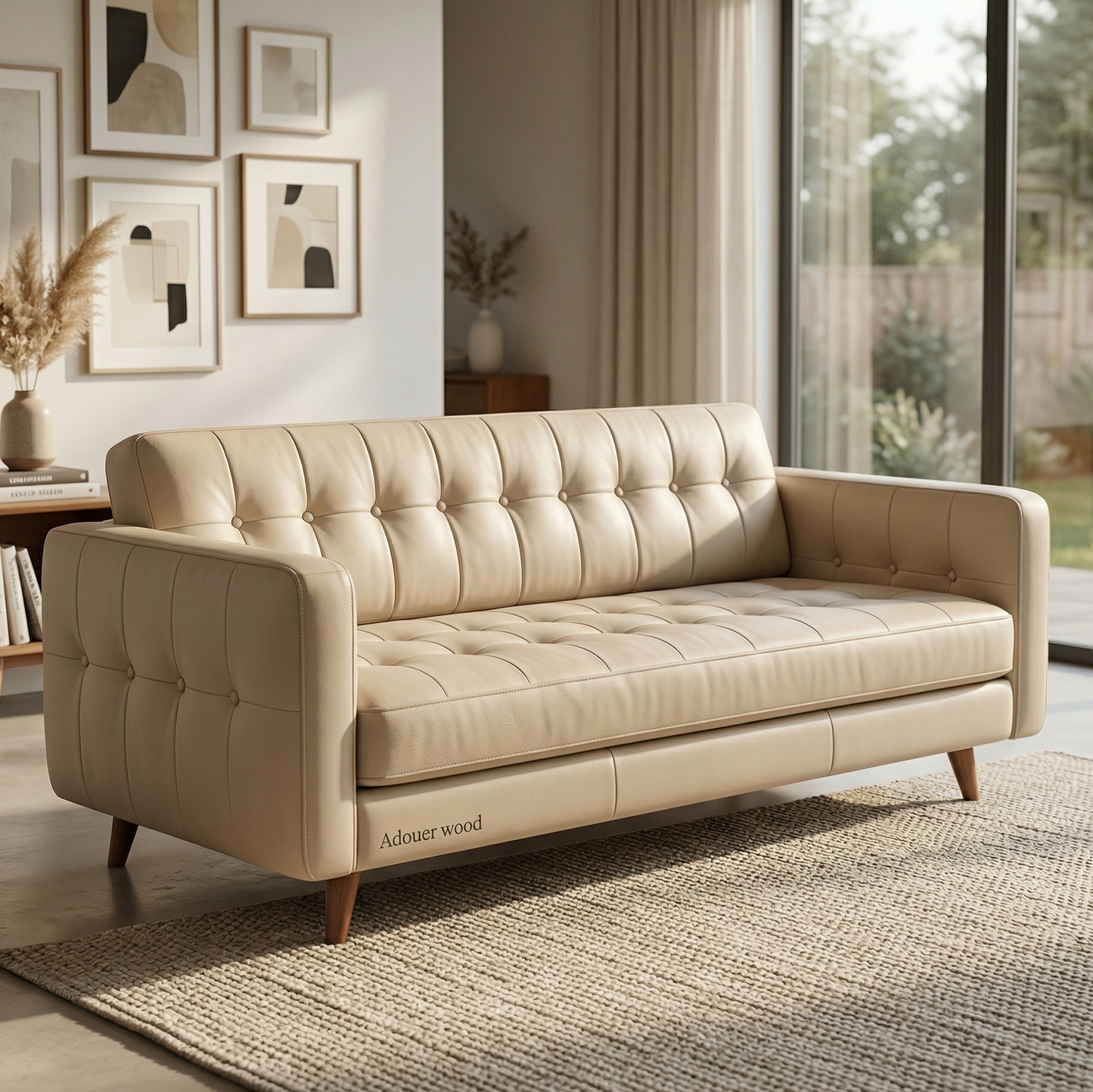 Mid-Century Modern Tufted Sofa - Leatherette Fabric Couch with Tapered Wood Legs