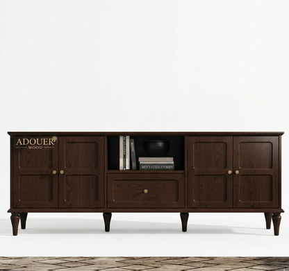 ADOUER WOOD Mid-Century Modern Solid Wood TV Unit with 4 Doors & Center Drawer