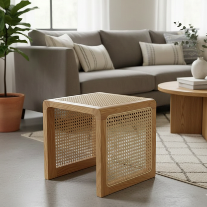 ADOUER WOOD Mid-Century Modern Cane Stool – Solid Wood Square Side Table
