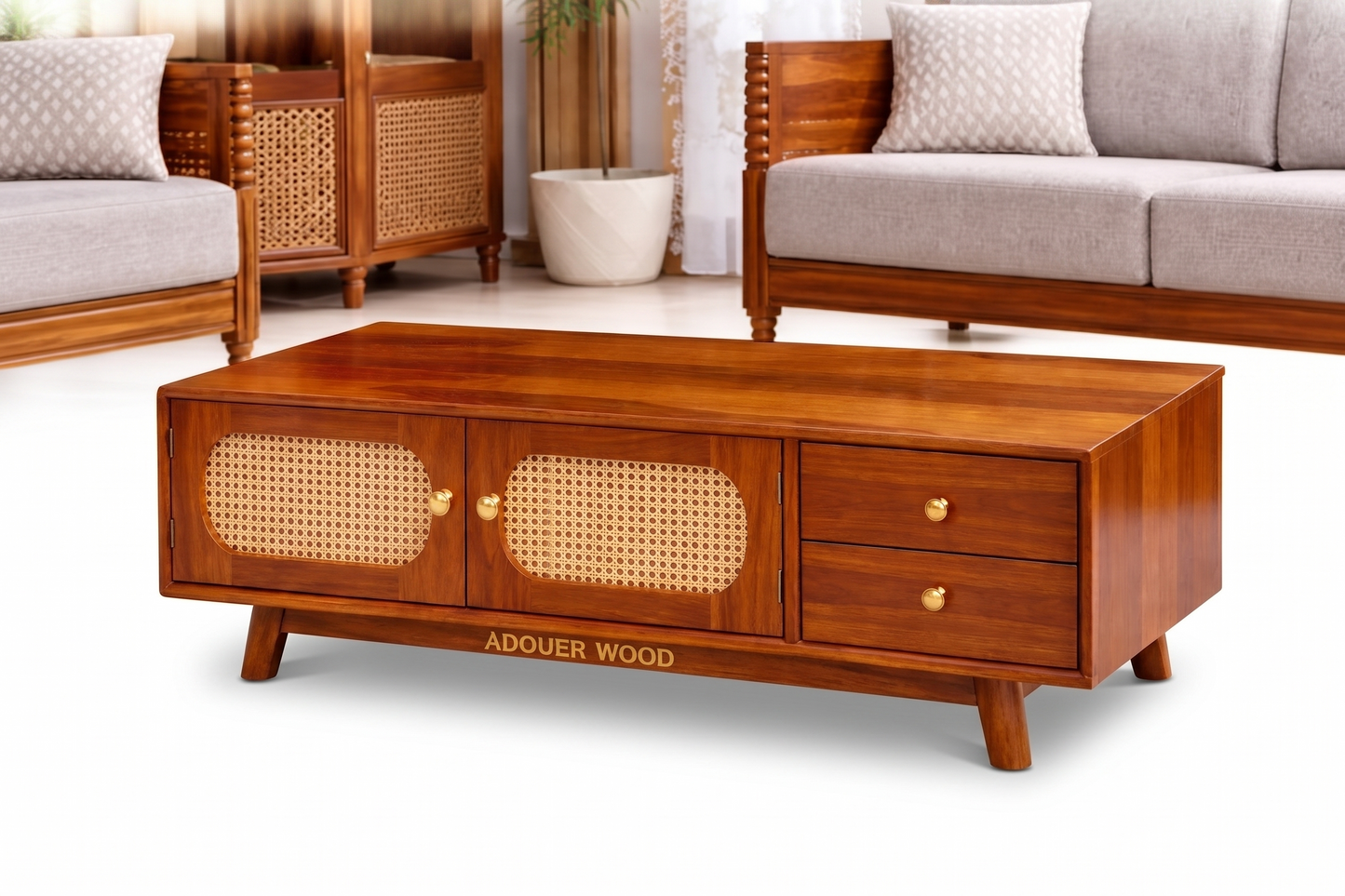 Adouer Wood Solid Sheesham Coffee Table with Cane Storage & Drawers