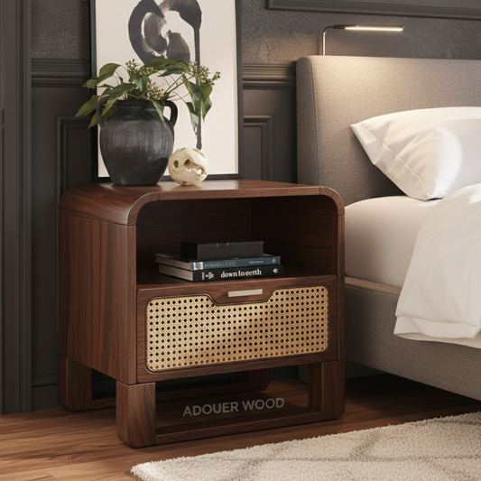 Adouer Wood Mid-Century Acacia Wood Bedside Table with Woven Rattan Drawer Front