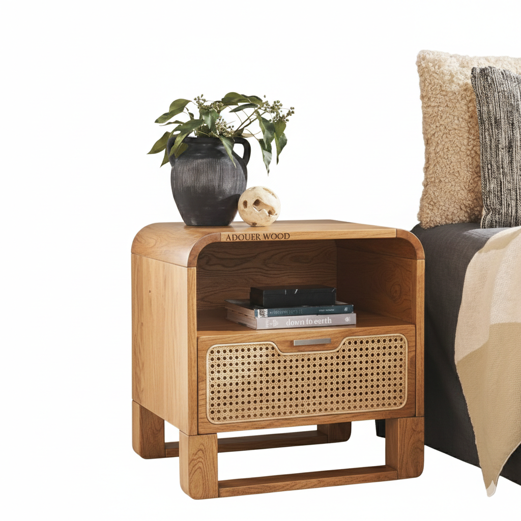 Adouer Wood Mid-Century Acacia Wood Bedside Table with Woven Rattan Drawer Front