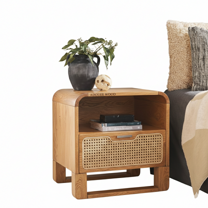 Adouer Wood Mid-Century Acacia Wood Bedside Table with Woven Rattan Drawer Front