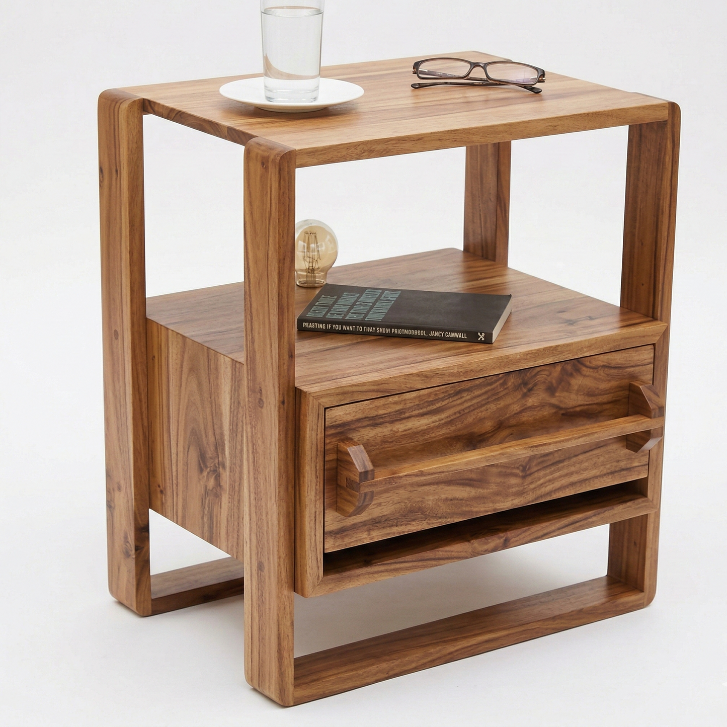 ADOUER WOOD Japandi Style Bedside Table with Open Storage Shelf